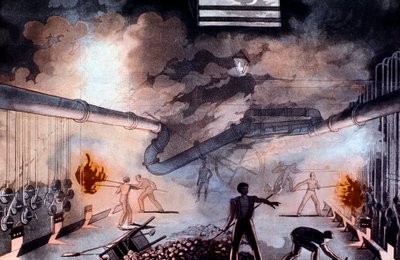 1822 年、ロンドン、ブリック レーンのガス灯施設でのレトルトの充電 作： Colin Mackenzie