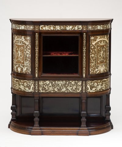 ディスプレイキャビネット、1890年頃（ローズウッドに象牙を嵌め込んだもの、オリジナルのベルベットの裏地付き 作： Collinson and Lock