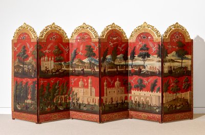ビオンボとメキシコ・シティの眺め（油彩、朱蒔絵、パネル、金箔台紙・麻布張り） 作： Colonial Spanish