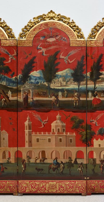 ビオンボとメキシコ・シティの眺め（油彩、朱蒔絵、パネル、金箔台紙・麻布張り） 作： Colonial Spanish