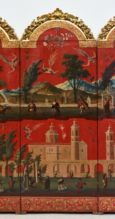 ビオンボとメキシコ・シティの眺め（油彩、朱蒔絵、パネル、金箔台紙・麻布張り） 作： Colonial Spanish