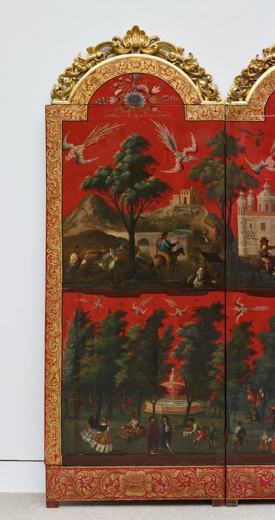 ビオンボとメキシコ・シティの眺め（油彩、朱蒔絵、パネル、金箔台紙・麻布張り） 作： Colonial Spanish