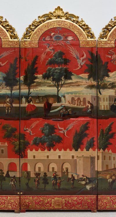 ビオンボとメキシコ・シティの眺め（油彩、朱蒔絵、パネル、金箔台紙・麻布張り） 作： Colonial Spanish