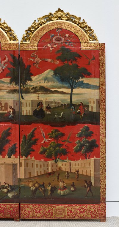 ビオンボとメキシコ・シティの眺め（油彩、朱蒔絵、パネル、金箔台紙・麻布張り） 作： Colonial Spanish