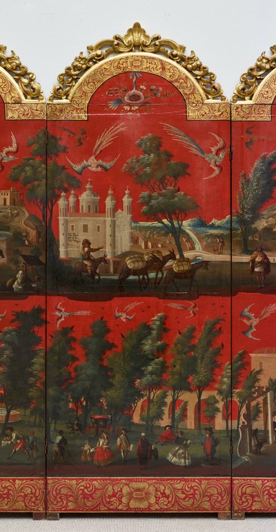 ビオンボとメキシコ・シティの眺め（油彩、朱蒔絵、パネル、金箔台紙・麻布張り） 作： Colonial Spanish