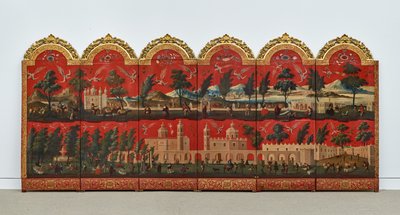 ビオンボとメキシコ・シティの眺め（油彩、朱蒔絵、パネル、金箔台紙・麻布張り） 作： Colonial Spanish
