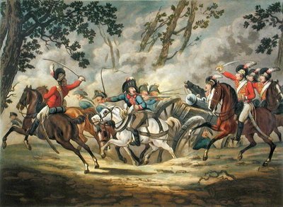 フランスの大砲を攻撃するイギリスの軽騎兵（「Military Evolutions」より）、メルケ作、1800年発行（手彩色アクアチント）。 作： Conrad (after) Gessner