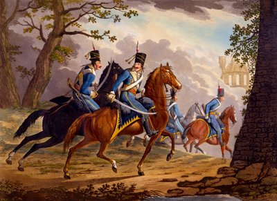 敵を追い求めるオーストリアのフサール、1799年（手描きのアクアチント） 作： Conrad Gessner