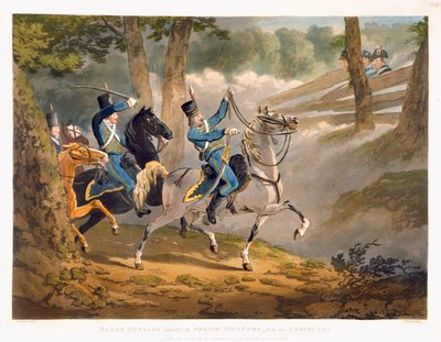&39;Military Evolutions&39;（パブ）のAmbuscadeからフランスの歩兵が攻撃したサクソンハサーアッカーマン、ロンドン、1799-1802 作： Conrad Gessner