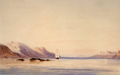 ティエラ・デル・フエゴのビーグル水道を航行する調査船HMSビーグル号 作： Conrad Martens