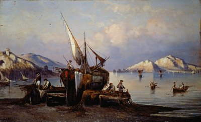 カプリ島を背景にしたネラーノの漁師たち（油彩・キャンバス 作： Consalvo Carelli