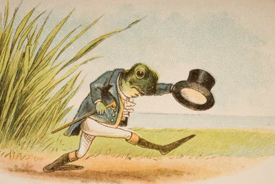 「古いマザーグースのライムスとテイルズ」から、彼がA-Wooing Goをするカエル、Frederick Warne und Co.、1890年代発行（chromolitho） 作： Constance Haslewood