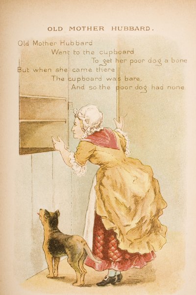 Old Mother Hubbard、「Old Mother Goose&39;s Rhymes and Tales」から出版、Frederick Warne und Co.、c.1890s（chromolitho） 作： Constance Haslewood