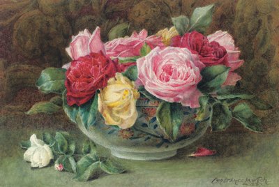 ピンク、黄色、赤のバラのボウルのある静物、1883年 作： Constance Lawson
