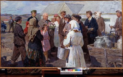 N. フルシチョフ首相のスタヴロポリ地方訪問、1950 年代末 (キャンバスに油彩) 作： Constance Walton