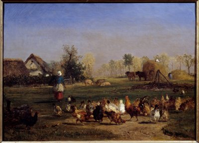 La provende des hens La basse cour (Basse-cour).コンスタン・トロヨン（1810-1865）の絵画 19世紀 日0,51x0,7 m - 雌鶏の挑発。農場の様子。コンスタン・トロイヨン（1810-1865）作画 作： Constant Emile Troyon
