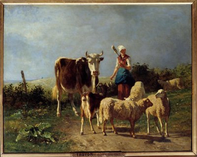 牛と羊を連れた羊飼い。コンスタン・トロヨン（1810-1865）の絵画 19世紀 日0,73x0,92 m 作： Constant Emile Troyon