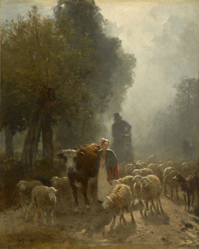 霧の深い朝、1851年に市場に行く 作： Constant Emile Troyon