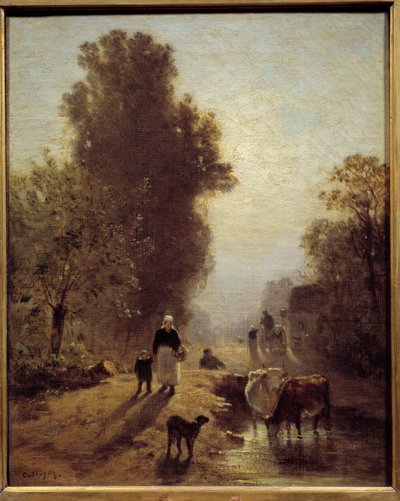 朝 黎明期の霧の中の農民の家族とベテイル。コンスタン・トロヨン（1810-1865）の絵画 19世紀 日0,41x0,32 m 作： Constant Emile Troyon