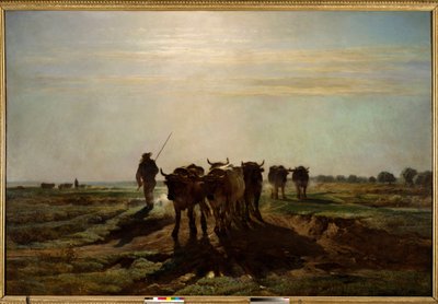耕作に向かう牛たち、朝の効果 コンスタン・トロヨン（1810-1865）の絵画 1855年 日。2,6x4 m パリ、オルセー美術館。 作： Constant Emile Troyon