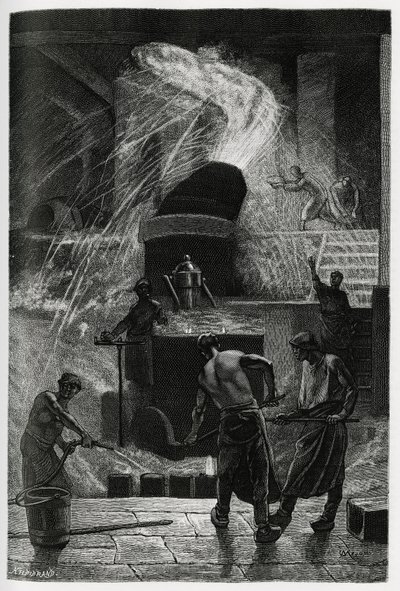 セーランのコケリ工場での鉄の鋳造。作家で美術評論家のカミーユ・ルモニエ（1844-1913）の小説「ベルギー」の挿絵としてC.ムニエが描いたもの。 作： Constantin Emile Meunier