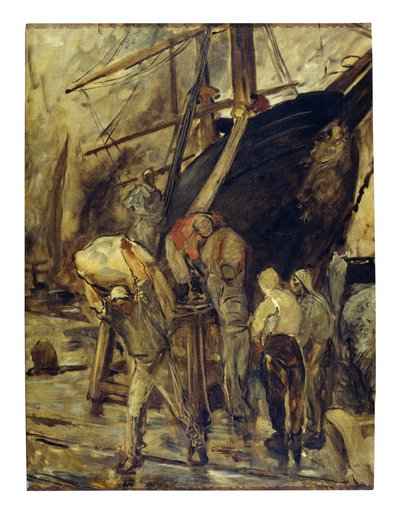 船からの荷降ろし (キャンバスに油彩) 作： Constantin Emile Meunier