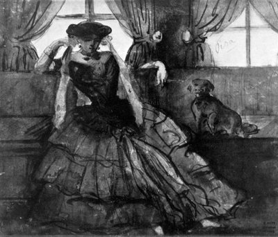 19世紀の犬を飼っている女性、1930年。 作： Constantin Guys