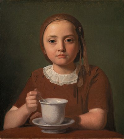 1850年、カップを前に持つ小さな女の子、エリーゼ・コブケ。 作： Constantin Hansen