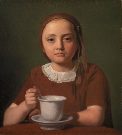 少女の肖像画、EliseKøbke、彼女の前にカップがある、1850 作： Constantin Hansen