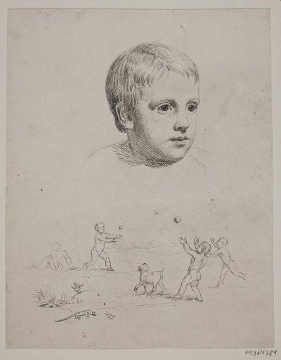 子供の頃の T. N. Thiele の上部のポートレート、下はボールで遊んでいる 4 人の少年 作： Constantin Hansen