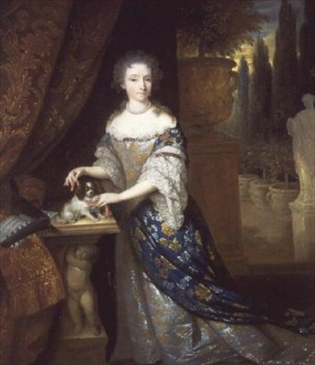 台座に座った愛玩動物を連れた婦人の肖像 1690年頃 作： Constantin Netscher