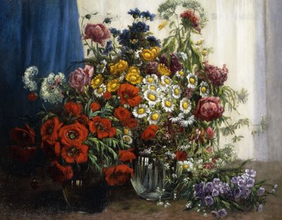 ガラスの花瓶にポピー、菊、牡丹、その他の野生の花（キャンバスに油彩） 作： Constantin Stoitzner