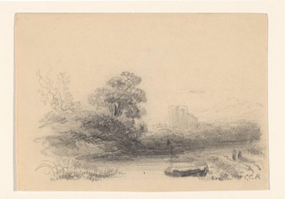 水と手漕ぎボートのある風景 作： Constantinus Cornelis Huysmans (signed by artist)