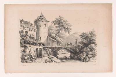 山の風景の中の家屋と橋 風景（シリーズタイトル） 作： Constantinus Cornelis Huysmans
