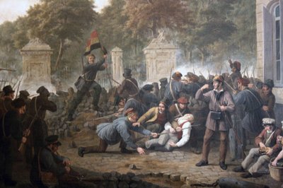 1830 年のベルギーの反乱軍とオランダ軍の間の戦闘中にブリュッセル公園に面した革命的なバリケード 作： Constantinus Fidelio Coene