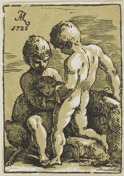 子羊を撫でる二人の子供 作： Conte Antonio Maria Zanetti the Elder