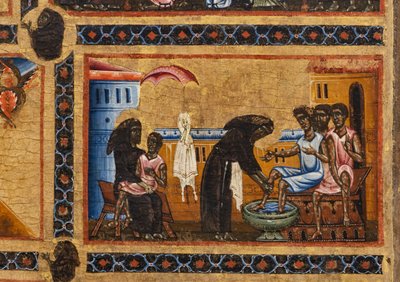 バルディ聖フランシスの祭壇画と彼の人生の 20 の物語、バルディ礼拝堂、ハンセン病患者を教える聖人の詳細、一人を腕に抱き、他の人の足を洗います 作： Coppo di Marcovaldo