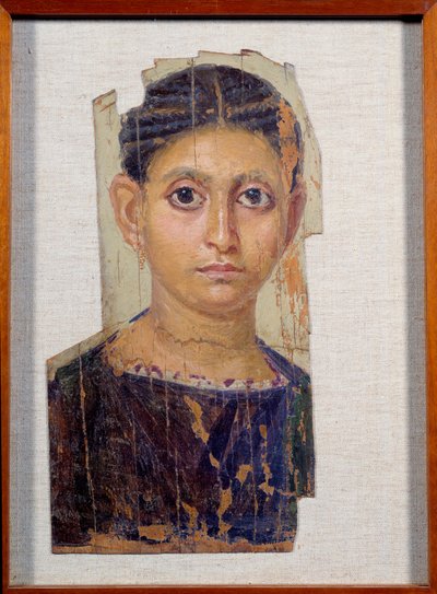 エジプトのアンティーク：木に描かれた女性ミイラの肖像。ファユーム(Fayum)出土。紀元後3世紀DIM.0.32x0.18 m パリ、ルーヴル美術館（Musee du Louvre 作： Coptic
