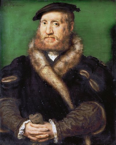 ルネッサンス期：毛皮のコートを着たひげ面の男の肖像（リヨンのコルネイユ）（1500/10-1575年 作： Corneille de Lyon