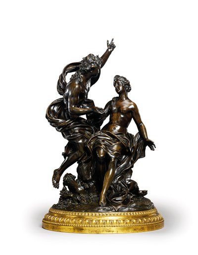 バッカスとアリアドネを代表するルイ14世のブロンズグループ、c。 1704（金色のベースのブロンズ） 作： Corneille van Cleve