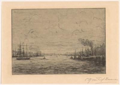 ロッテルダム近くのマースの眺め 作： Cornelia Christina Johanna van Trigt Hoevenaar (signed by artist)
