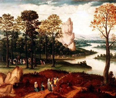 洗礼者ヨハネの説法がある広大な森の川の風景 作： Cornelis (after) Massys