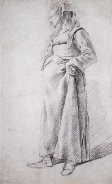 立っている農民の女性」（紙に黒チョーク 作： Cornelis Pietersz Bega