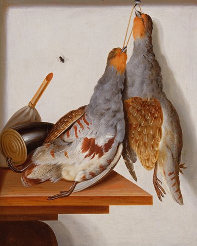 爪からぶら下がっている2つのヤマウズラのトロンプl&39;Oeil 作： Cornelis Biltius