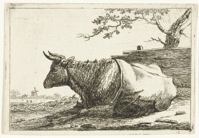 背中に毛布を掛けた横たわる牛のいる風景 作： Cornelis  Bisschop