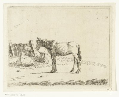 フェンスの近くに馬と 2 頭の牛がいる風景 作： Cornelis  Bisschop
