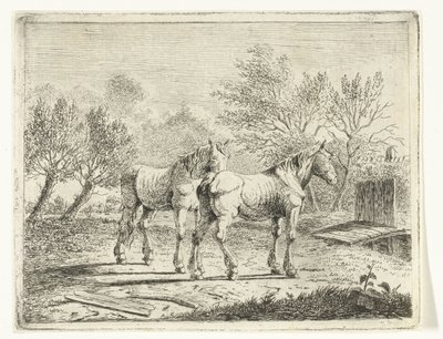 橋と農場の近くに 2 頭の馬がいる牧草地の風景 作： Cornelis  Bisschop