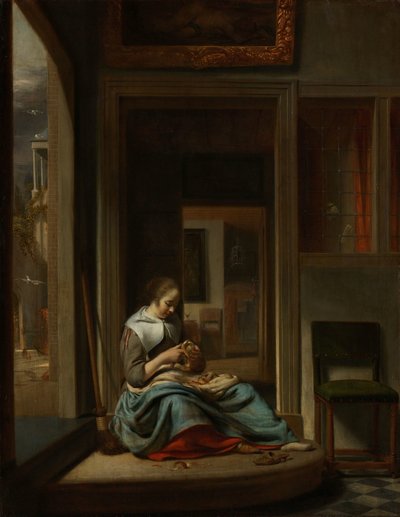 りんごの皮をむく女性 作： Cornelis Bisschop