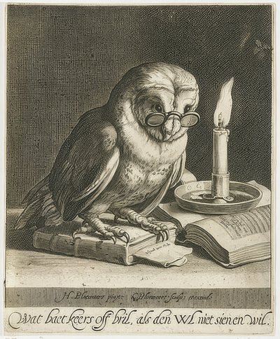 メガネと本のフクロウ。 1625年頃 作： Cornelis Bloemaert