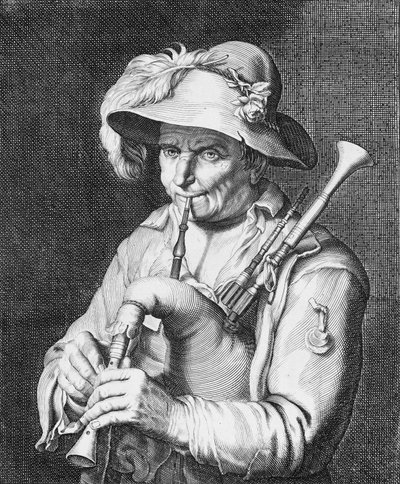 バグパイプを演奏する男、17 世紀。 作： Cornelis Bloemaert